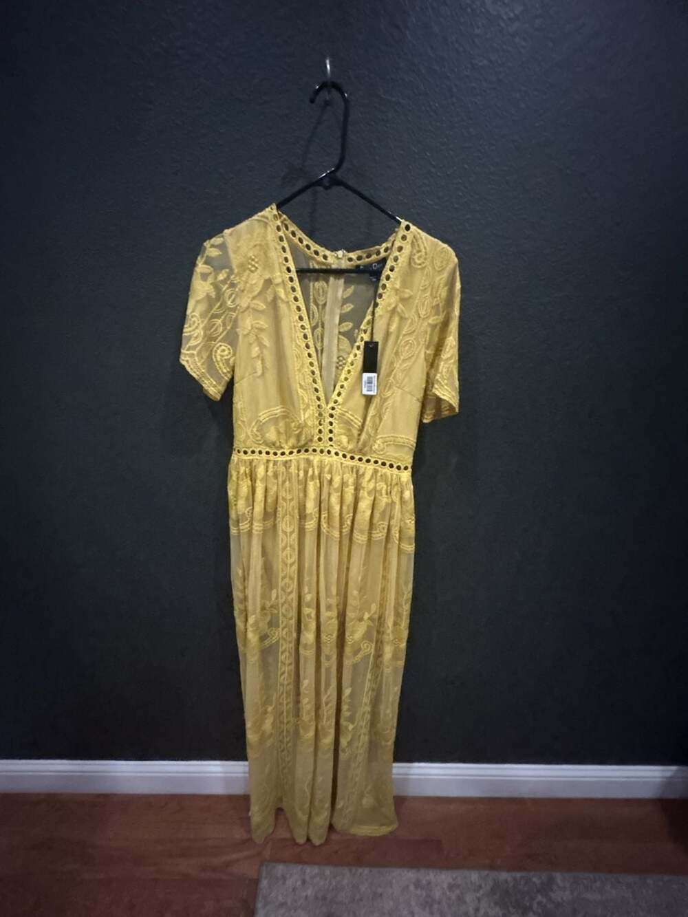 Dress Day Women's Mustard Yellow Floral Lace V-Neck Boho Maxi Dress